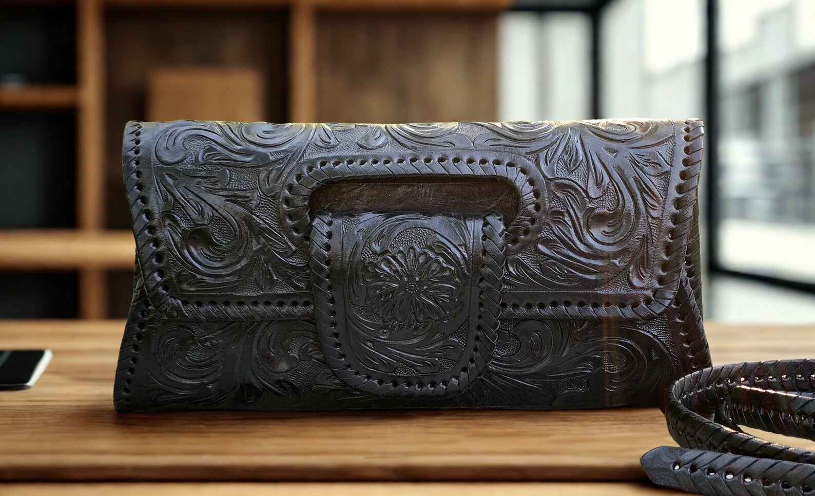 Hand-Tooled Leather Clutch Crossbody Small Bag, Western Boho Style, vintage bag, cowgirl style bag, brown leather bag, Mexican purse